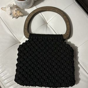 Gorgeous Arm Carry Crocheted Bag-Black with Wooden Handles